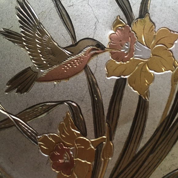 Vintage Chokin Etched copper Gilded Hummingbird Dish 6” - Picture 11 of 15
